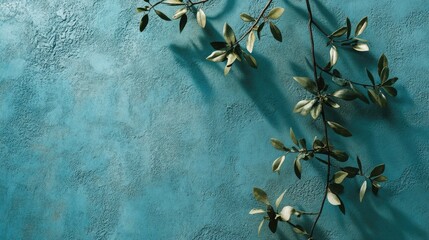 Aufkleber - Elegant green foliage casting shadows on a textured turquoise background for a fresh and modern aesthetic in home decor or lifestyle imagery.