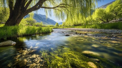 Poster - Tranquil natural landscape featuring a green willow tree by a clear stream surrounded by vibrant grass and sunlight during springtime.