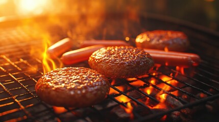 Poster - Grilling Hamburgers and Hot Dogs Over Flames on a Backyard Barbecue Grill