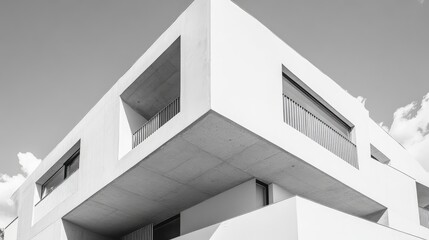 Poster - modern architectural concrete facade showcasing geometric design in black and white perspective from