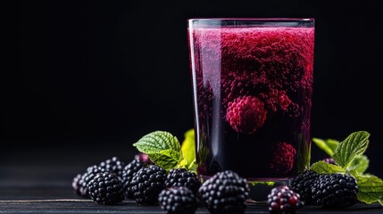 Aufkleber - Refreshing mulberry juice in a glass with fresh berries and mint leaves on a dark background for a vibrant beverage concept