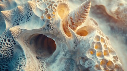 Aufkleber - Intricate macro shot of sea shells showcasing detailed textures and patterns in soft natural colors ideal for graphic design inspirations.