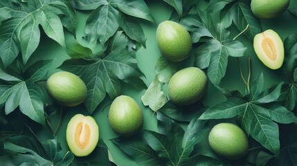 Aufkleber - Green papaya fruits arranged on lush leaves showcasing economic agriculture and tropical produce in a vibrant, natural setting.