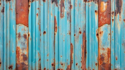 Poster - Rusted metal texture with blue and orange hues showcasing weathered and oxidized steel panels in a grunge background.
