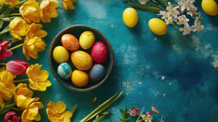 Poster - Vibrant Easter composition with colorful eggs in a bowl surrounded by spring flowers on a textured blue tabletop top view with copy space