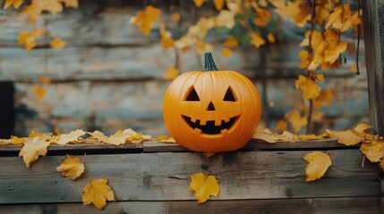 Poster - Halloween pumpkin with carved face on wooden surface surrounded by yellow autumn leaves creating a festive fall atmosphere