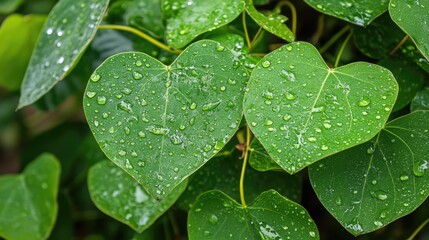 Poster - Vibrant green heart-shaped leaves glistening with raindrops in a lush garden setting showcasing nature's beauty and tranquility