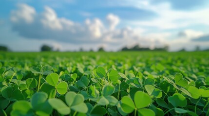 Aufkleber - Calm clover field under a blue sky with soft clouds during sunset in Northern Bohemia capturing serene natural beauty and warm light.