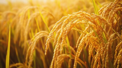Poster - Golden rice ears ready for harvest in serene countryside during sunset showcasing agricultural abundance and rural beauty