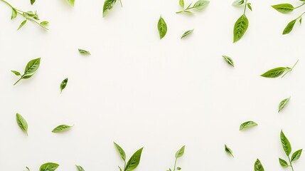 Aufkleber - Fresh green leaves scattered on a neutral background creating a natural and vibrant botanical pattern for design and decoration purposes