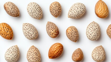 Poster - Almond nuts assortment arranged on a white background showcasing their unique textures and colors in a natural and appealing composition