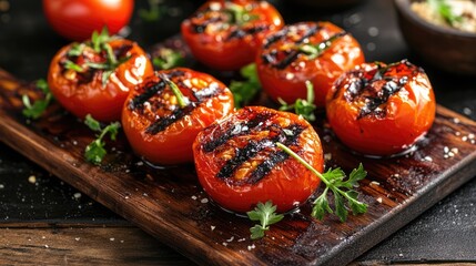 Poster - Grilled tomatoes with herbs and spices on a wooden serving board delicious BBQ side dish high quality presentation