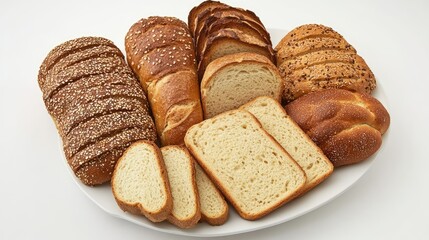Poster - Assorted breads displayed on a white plate showcasing diverse textures and colors ideal for culinary presentations or bakery promotions
