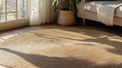 Aufkleber - Natural Handmade Jute Rug in Cozy Living Room Setting with Sunlight and Greenery