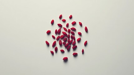 Poster - Goji berries arranged in a circular pattern on a neutral background showcasing their vibrant red color and unique shape.