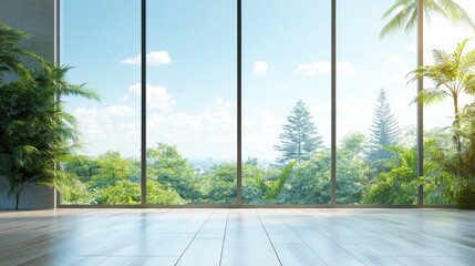 Aufkleber - Modern interior with large glass windows showcasing a bright landscape and lush greenery for texture background design.