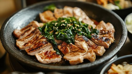 Poster - Grilled pork dish served on a rustic plate with vegetables and sesame garnish in an appetizing presentation