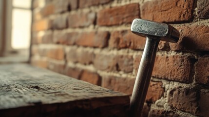 Aufkleber - Hammer resting on wooden table with a rustic brick wall background ideal for showcasing craftsmanship or construction themes