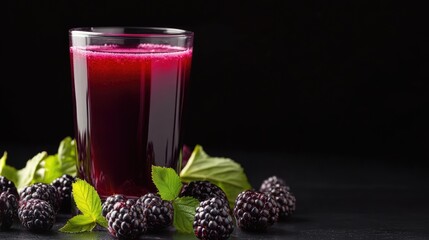 Poster - Refreshing mulberry juice in a glass with fresh berries and mint leaves on a dark background for a vibrant beverage presentation