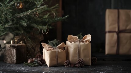 Aufkleber - Minimalistic Christmas decor with wrapped gifts and pinecones under a tree winter holiday atmosphere New Year celebration concept
