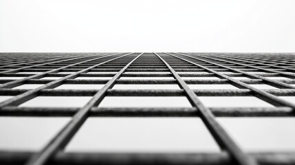 Poster - Abstract view of metal mesh grid pattern with a minimalistic white background showcasing depth and industrial design elements.