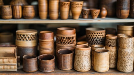 Aufkleber - Bamboo handicraft products showcasing traditional craftsmanship and diverse designs arranged on shelves in a vibrant market setting.