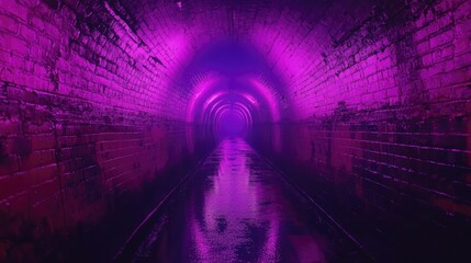 Poster - Illuminated tunnel with vibrant purple lighting reflecting on wet surfaces creating an eerie atmospheric scene