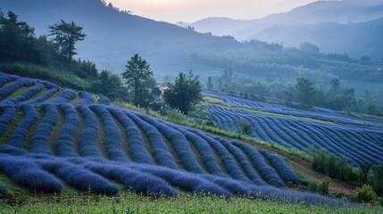 Poster - Lavender fields in early summer morning light showcasing vibrant purple rows and serene mountainous landscape in the background