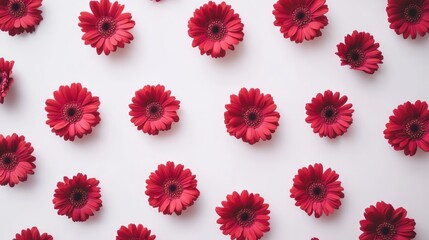 Poster - Red gerbera daisies arranged in a uniform pattern on a clean white background for floral design and decoration concepts