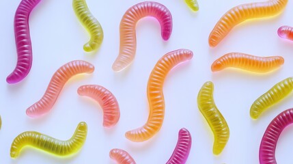 Poster - Colorful gummy worms scattered on a white background showcasing vibrant candy textures and playful shapes for a sweet treat concept.