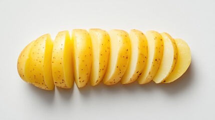 Poster - Freshly sliced yellow potatoes arranged neatly on a white background showcasing their texture and color ideal for culinary use.
