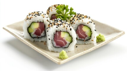 Poster - Hamachi sushi rolls with cucumber and sesame seeds elegantly arranged on a square plate with wasabi and garnish on a white background