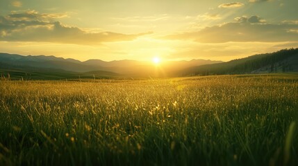 Poster - Golden hour in Yellowstone featuring a lush grassy field with rolling hills and a breathtaking sunset backdrop.