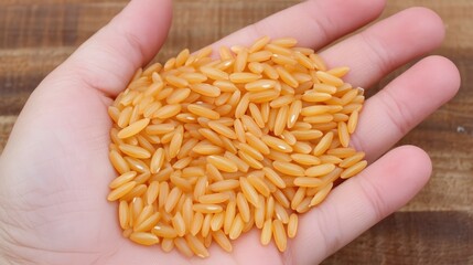 Poster - Hand holding grains of orange rice showcasing texture and color against wooden background for culinary or agricultural use