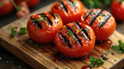 Aufkleber - Grilled tomatoes on wooden board showcasing barbecue style with herbs and seasoning for delicious summer dishes.