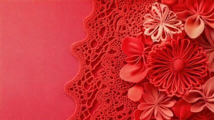Poster - Woven woolen texture and decorative lace in vibrant red with floral elements creating an elegant background for design and textile projects