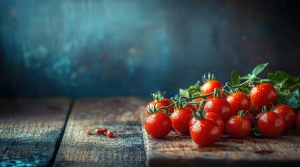 Aufkleber - Fresh organic cherry tomatoes on wooden table with rustic background showcasing vibrant colors and natural textures.