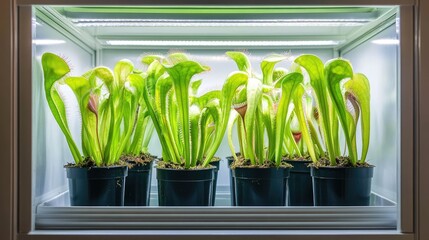 Aufkleber - Heliamphora Sun Pitcher carnivorous plants arranged in a greenhouse glass cabinet showcasing unique foliage and vibrant colors.