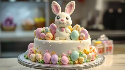 Poster - Easter Themed Cake with Bunny Figurine Surrounded by Colorful Eggs on a Festive Table Setting