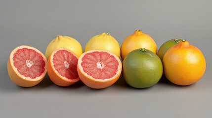 Aufkleber - Grapefruit assortment showcasing various colors and slices arranged on a neutral background for fresh produce promotion.