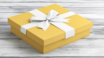 Aufkleber - Yellow gift box with white ribbon on rustic wooden background, perfect for celebrations or special occasions, capturing the essence of giving.
