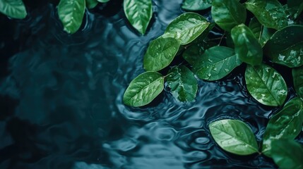 Poster - Tranquil lake water with vibrant green leaves creating a serene natural ambiance reflecting peacefulness and harmony in nature.