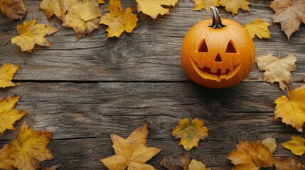 Aufkleber - Halloween pumpkin decoration on rustic wooden background surrounded by vibrant yellow autumn leaves