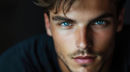 Poster - Close up portrait of a handsome young man with striking blue eyes and strong features captured in high-quality natural light.