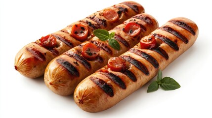 Poster - Grilled sausages with tomatoes and herbs on a white background perfect for food photography and culinary presentations.