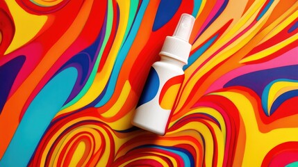 Sticker - Glossy glue bottle on vibrant abstract colorful background with swirling patterns and bold hues creating a playful artistic atmosphere