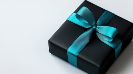Poster - Elegant black gift box adorned with blue satin ribbon bow showcased from the side isolated on a clean white background for festive occasions