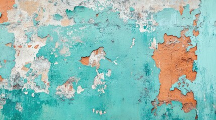 Poster - Textured grungy turquoise wall with peeling paint creating a perfect backdrop for creative designs and copy space