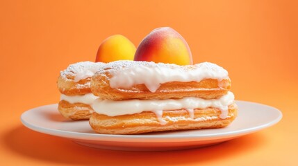 Aufkleber - Peach topped cream filled glazed eclairs elegantly displayed on a white plate against a vibrant orange background