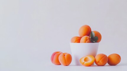 Aufkleber - Ripe harvested apricots in a white cup with whole and halved fruits against a minimalist white background showcasing healthy food concept